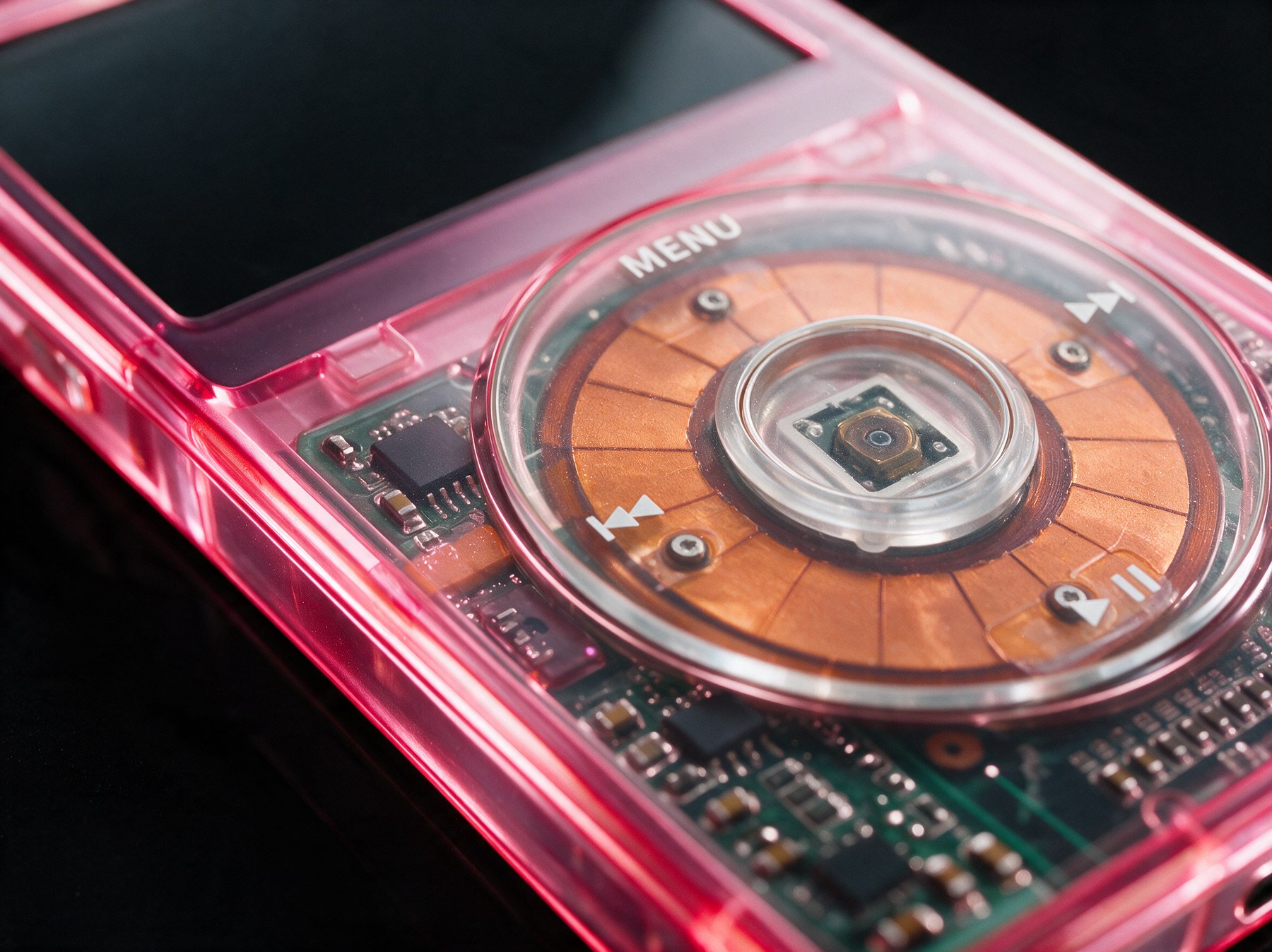 Static &mdash; macro detail, translucent neon pink iPod Classic.